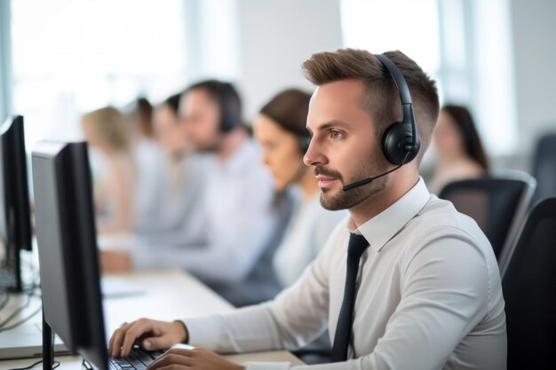 Office worker using computer with headphones on