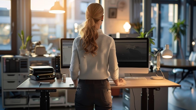 Photo an office worker using a standing desk focused and productive photorealistic natural lighting highresolution photo