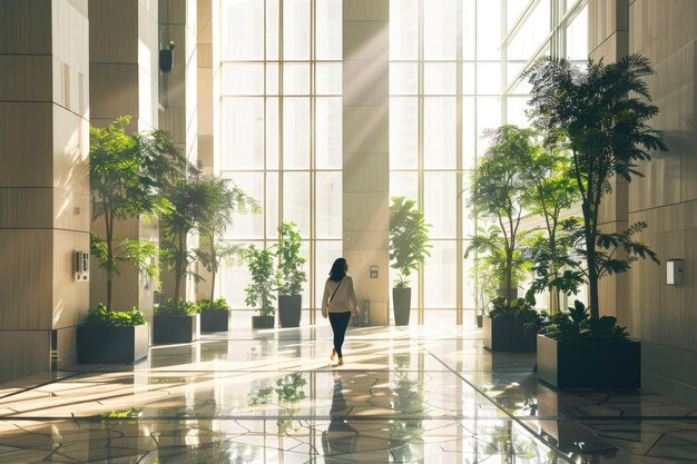 An office worker walking through a large sustainable looking lobby of a hotel or office