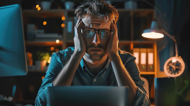 Photo an office worker who works late and looks stressed