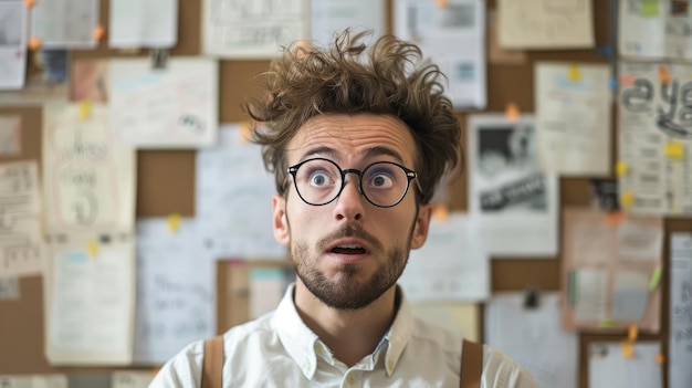 An office worker with a worried expression looking at a downsizing notice on a bulletin board in a corporate setting