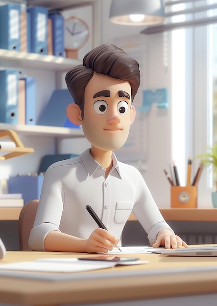 Office worker writing notes 3D animation cartoon render work setting