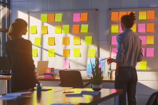 Office workers brainstorming with sticky notes oct