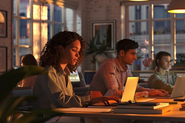 Office workers collaborating on laptops