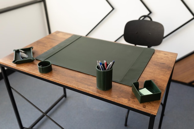 Office workers empty table with leather mat