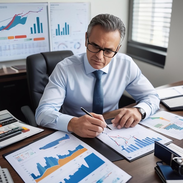 Office workers using finance graphs