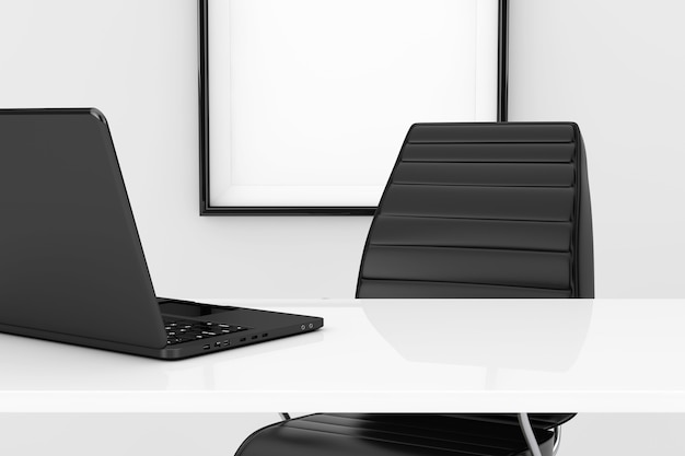 Office Workplace Concept. Laptop on the White Table in front of Black Leather Office Chair extreme closeup. 3d Rendering