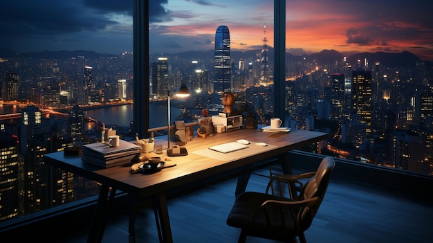 office workspace in the evening interior workplace with cityscape for business presentation