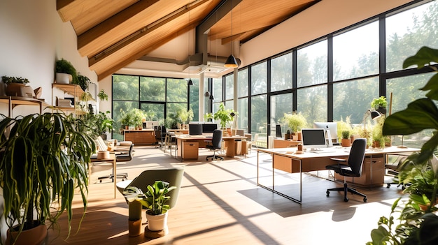 Office or workspace with computers in a modern sustainable and ecofriendly environment with plants and natural light Generative ai