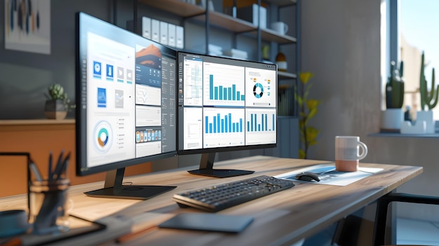 Office workspace with multiple monitors setup A highly organized office workspace with a dual monitor setup for optimal productivity and analysis