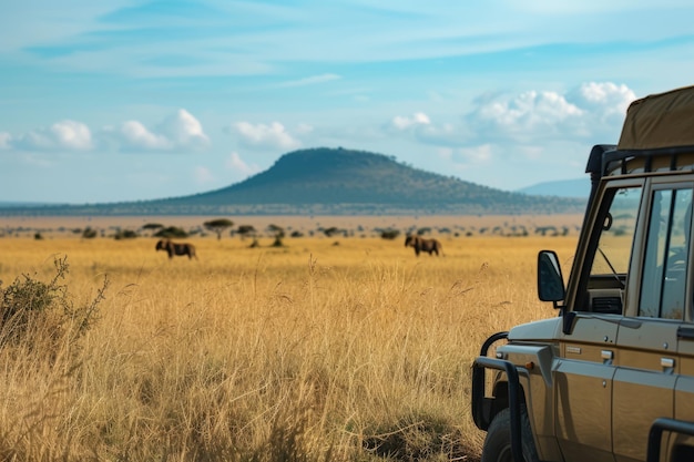 Photo offroad safari car in the savanna observing lions