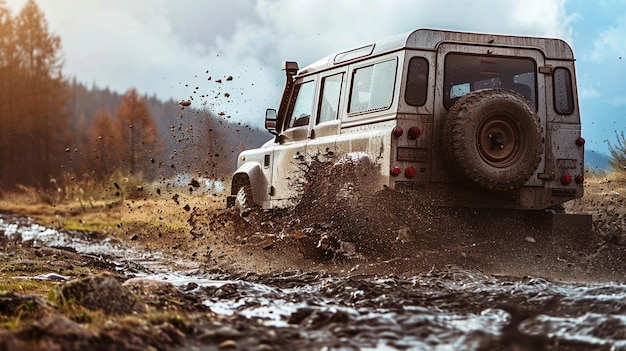 Photo offroad suv driving on muddy terrain action shot