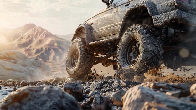 Photo offroad truck conquering rocky terrain with mountains landscape