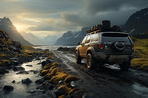 Offroad vehicle on the beach at sunset