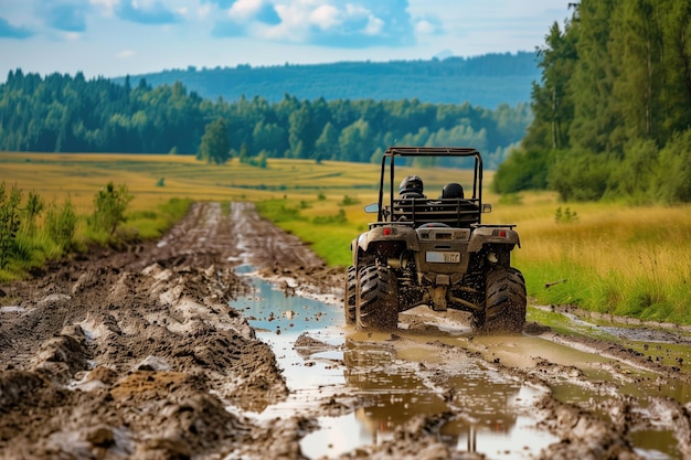 Offroad vehicle driving through muddy forest trail with clear blue sky the background