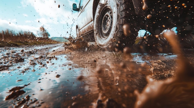 Offroad vehicle driving through muddy puddle creating splashes