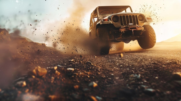 An offroad vehicle kicks up dirt as it races along a rugged terrain embodying power and adventure