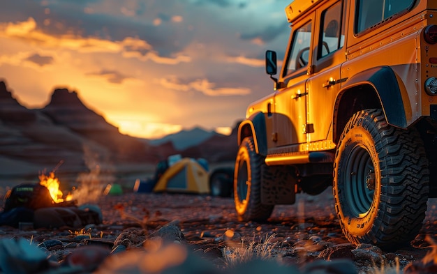 OffRoad Vehicle Parked at Sunset in Desert Landscape