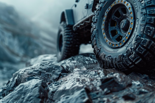 Offroad Vehicle Rock Climbing CloseUp of Wheels Gripping Rocks