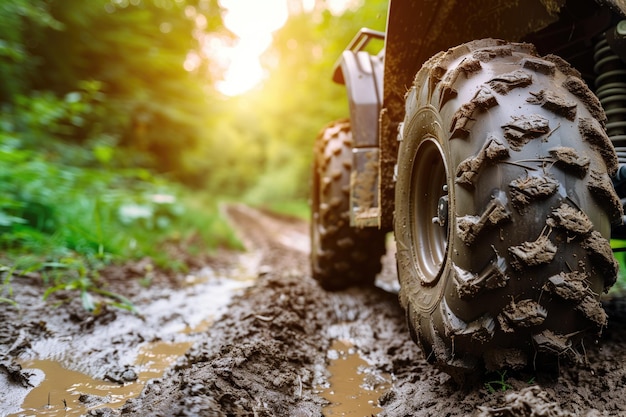 Offroad vehicle tires navigating through a muddy trail in a dense forest during sunset