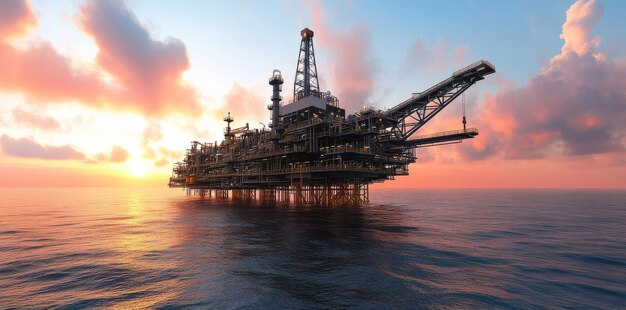 Photo an offshore drilling rig and fpso ship silhouetted against a sunset drilling rig and fpso ship