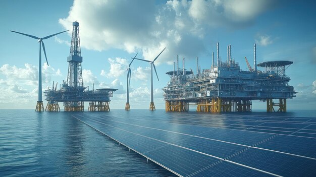 Photo offshore energy platforms with wind turbines and solar panels