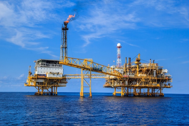 Offshore oil and gas production and exploration business. Production oil and gas plant and main construction platform in the sea. Energy business