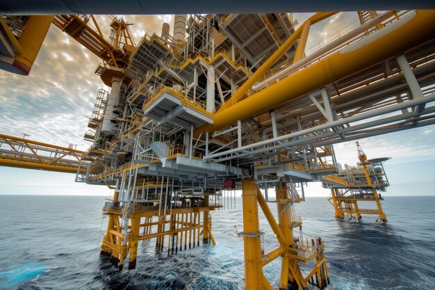 Photo offshore oil and gas wellhead platform supplying raw materials to onshore refinery and power sector