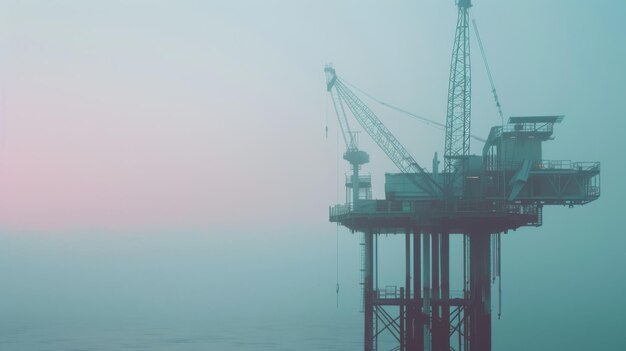 Photo an offshore oil platform surrounded by a serene fog in the early morning symbolizes the balance of human innovation and natures calm