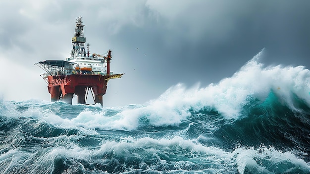 Offshore oil platform with a supply ship in rough seas