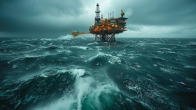 An offshore oil rig against a dramatic backdrop of dark stormy sea skies highlighting industrial might amidst natures forces Generative AI