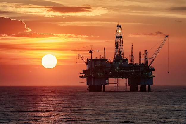 Offshore oil and rig platform in sunset or sunrise time Construction of production process in the sea