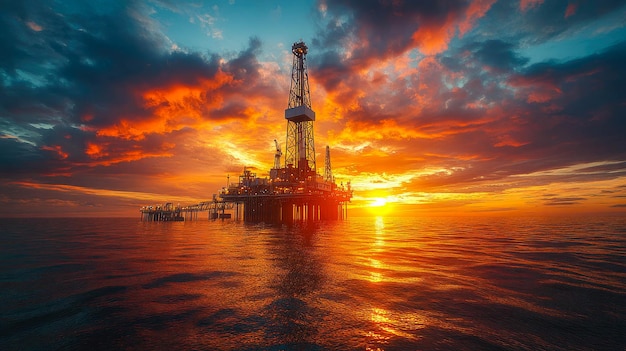 An offshore oil rig silhouetted against a stunning sunset