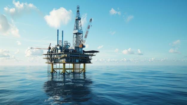 Offshore oil rig stands alone against the expansive blue ocean and sky