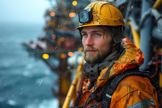 Offshore wind farm technician with safety gear and radio oil rig platform in background