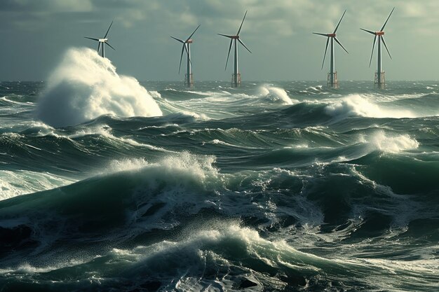 Offshore wind farms next to the deserted wild rocks in the middle of a stormy northern sea Beautiful gloomy seascape with wind generators Sustainable green energy concept 3D rendering