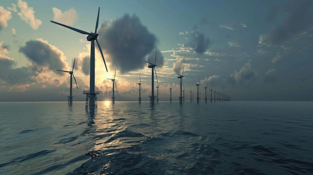 Offshore wind farms with towering turbines harnessing wind energy with modern technology