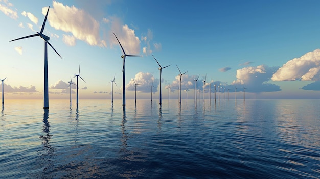 Offshore wind farms with towering turbines harnessing wind energy with modern technology