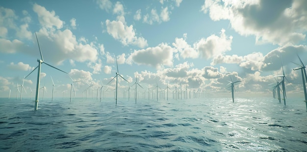 Offshore wind power and energy farm with many wind turbines on the ocean