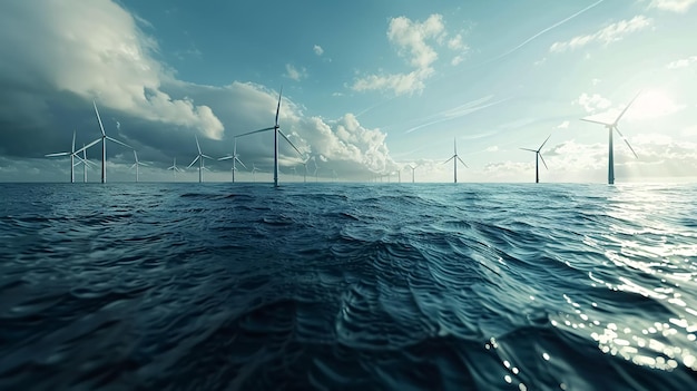 Offshore wind power and energy farm with many wind turbines on the ocean