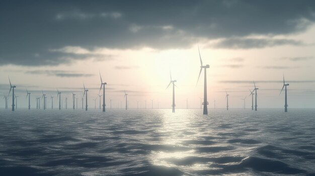 Offshore wind turbines farm on the northern sea against the backdrop of the sunset sky Sustainable energy production clean power 3D illustration