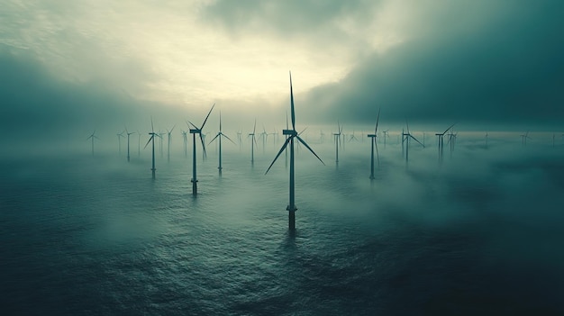 Offshore wind turbines at sunrise over a calm ocean AI generated image