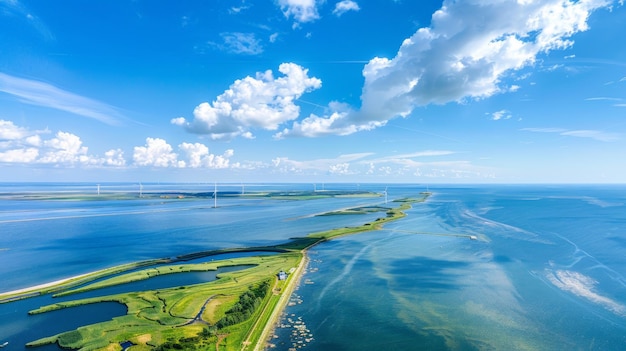 offshore windmill park with clouds and a blue sky windmill park in the ocean aerial view with wind turbine Flevoland Netherlands Ijsselmeer Green energy