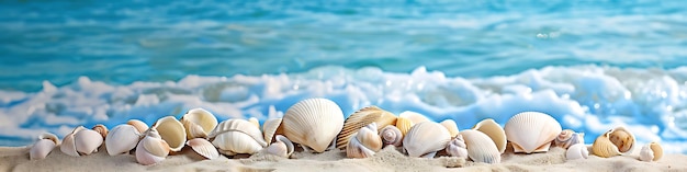 Offwhite seashells collected on a sandy beach arranged in a decorative pattern against a backdrop of clear blue ocean waves symbolizing coastal tranquility