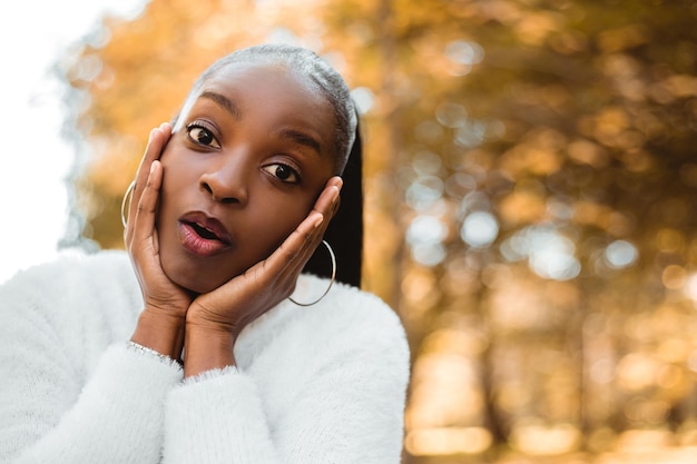 Oh My God! Portrait beautiful shocked frightened african american pretty woman with dark hair