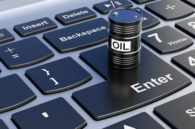 Oil barrel on computer keyboard 3D rendering