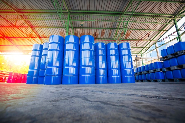 Oil barrels blue or chemical drums vertical stacked