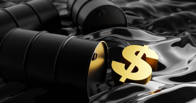 Oil barrels and gold dollar sign on crude oil 3D render