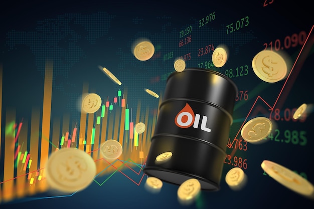 Oil barrels with chart in the investment market data business 3d illustration