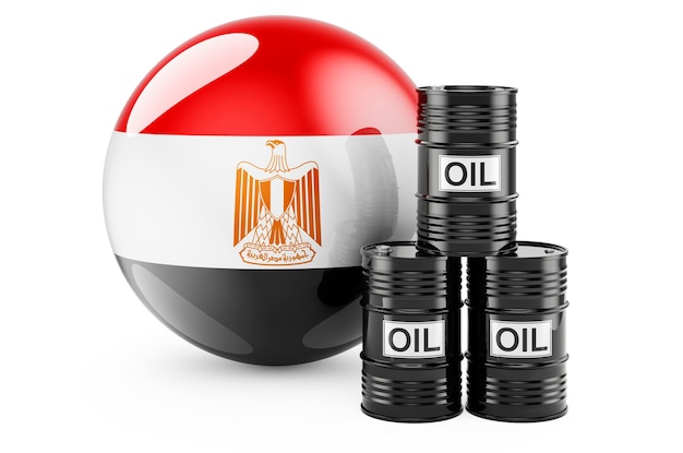 Oil barrels with Egyptian flag Oil production or trade in Egypt concept 3D rendering